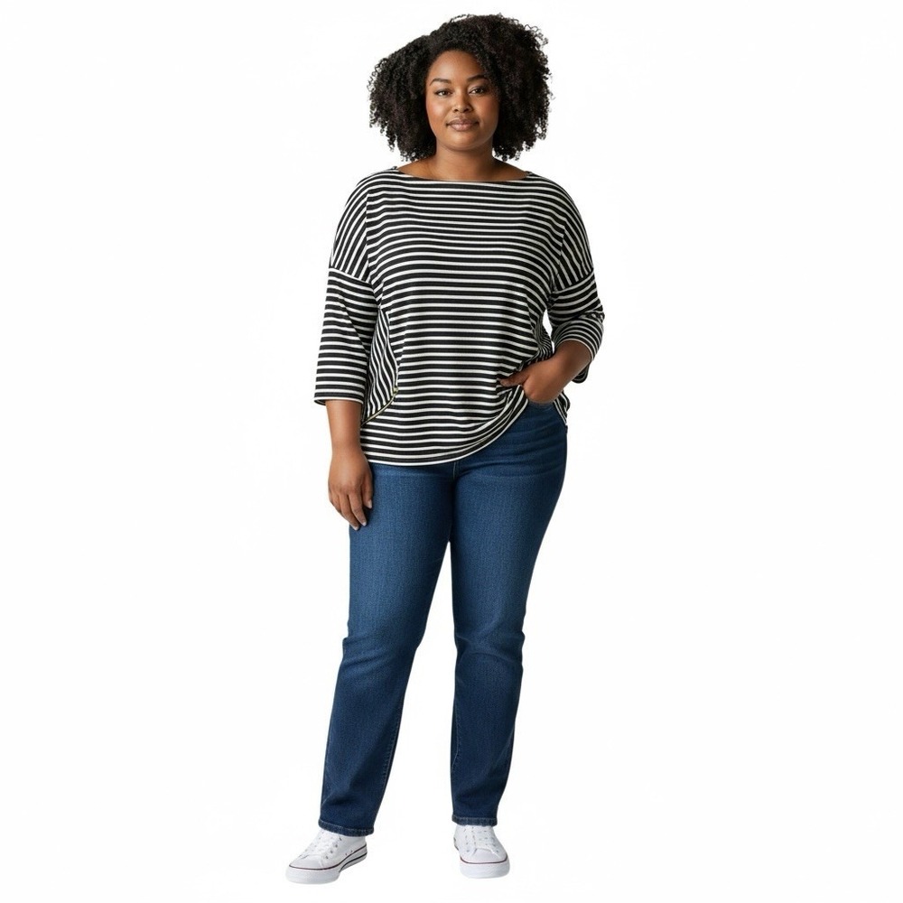 Chico's 3 Black White Striped Tunic Top Zip Pockets Stretch Long‎ Sleeve XL